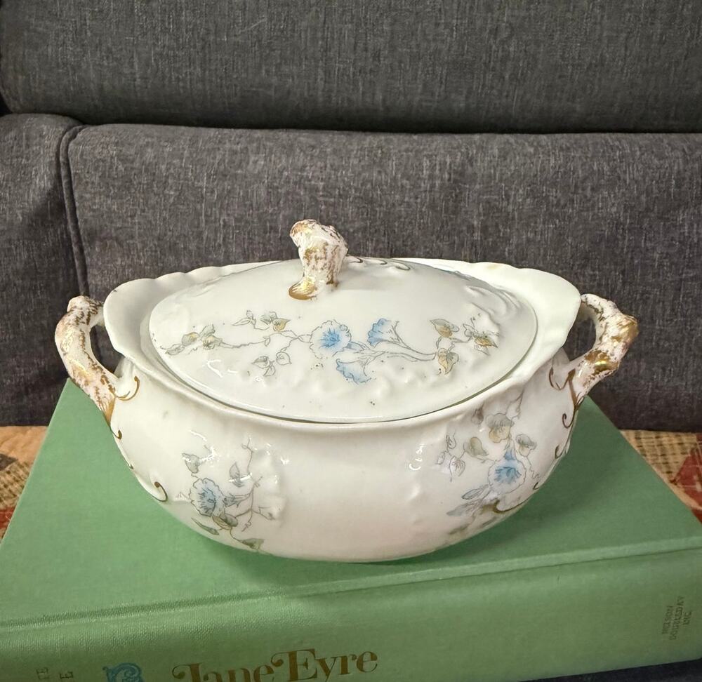Antique Covered Serving Bowl, O.P. Co. Syracuse China, Blue Floral
